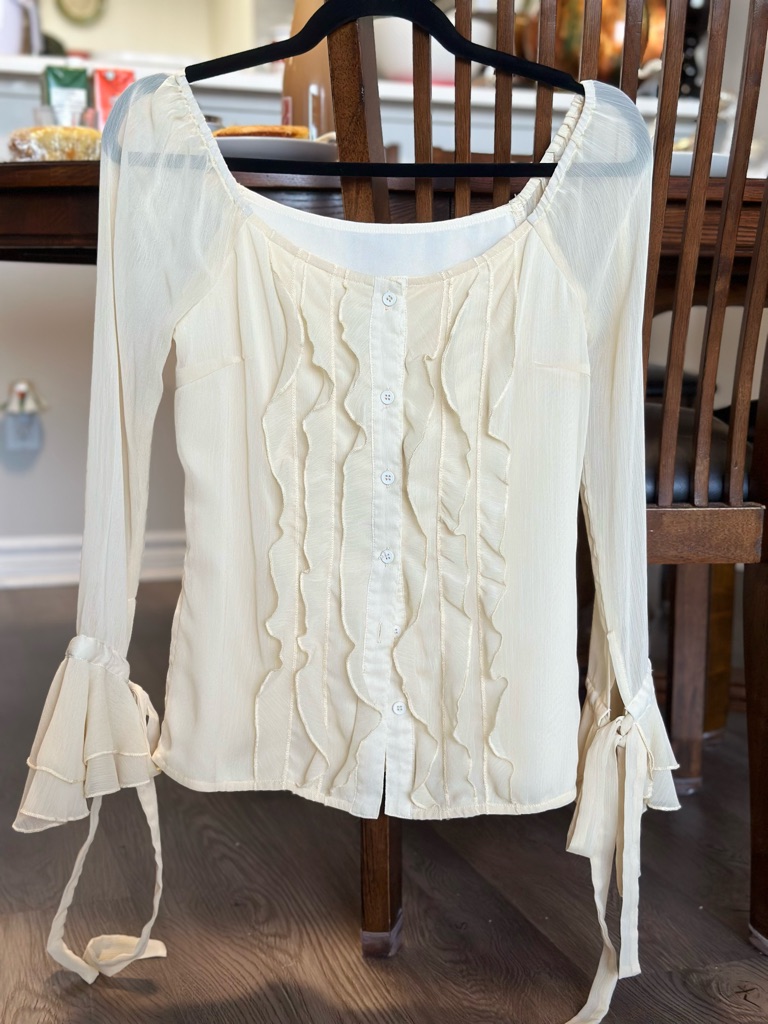 Women's Cream Ruffle Front Button Blouse - Lightweight Long Sleeve